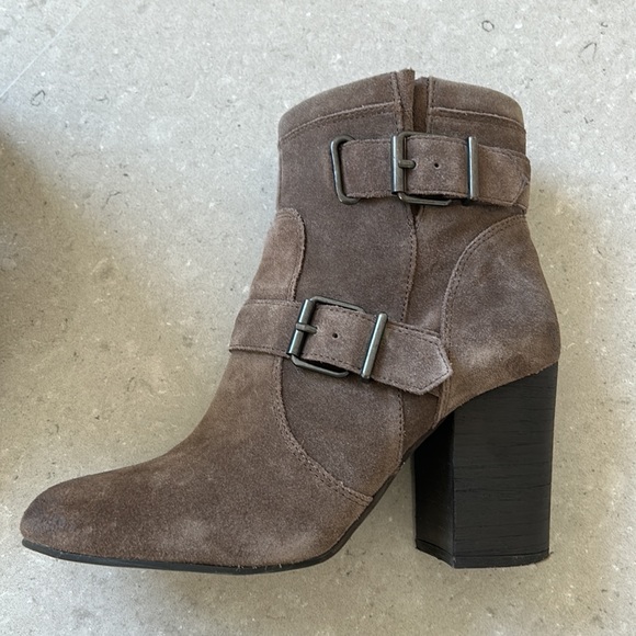 Vince Camuto "Simlee" Soft Tan Suede Leather Buckle Detail Side Zip Ankle Boots - Picture 8 of 16
